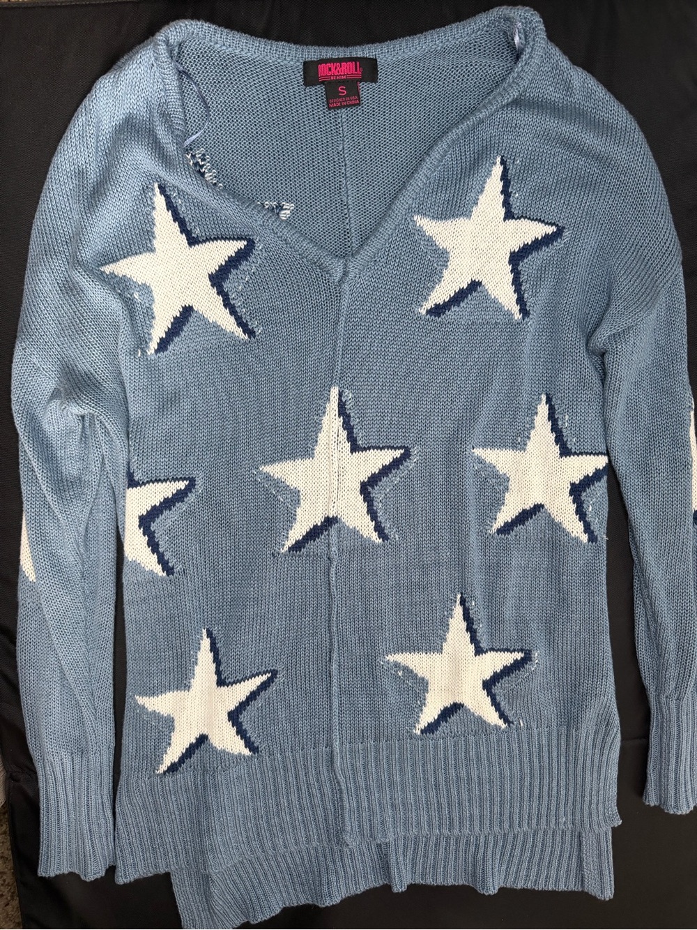 Rock & Roll Cowgirl Light Blue Star V-Neck Sweater
